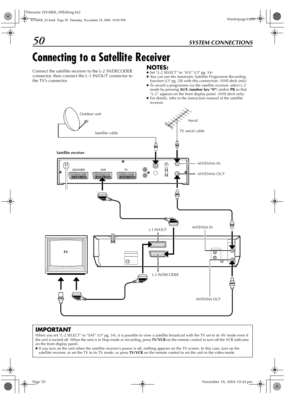 Connecting to a satellite receiver, System connections, Important | JVC HR-XV48EK User Manual | Page 50 / 72