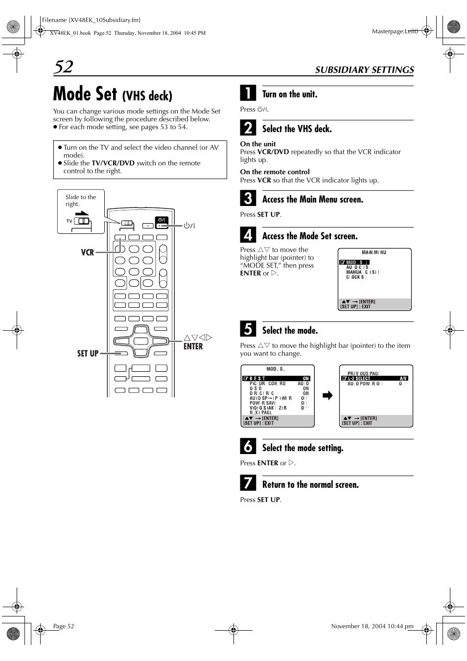 Mode set, Vhs deck) | JVC HR-XV48EK User Manual | Page 52 / 72