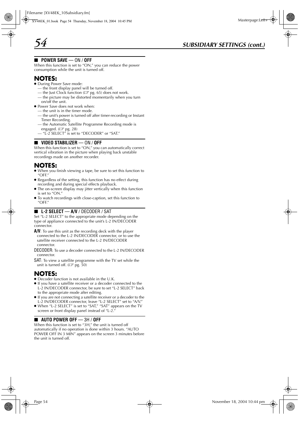 Subsidiary settings (cont.) | JVC HR-XV48EK User Manual | Page 54 / 72