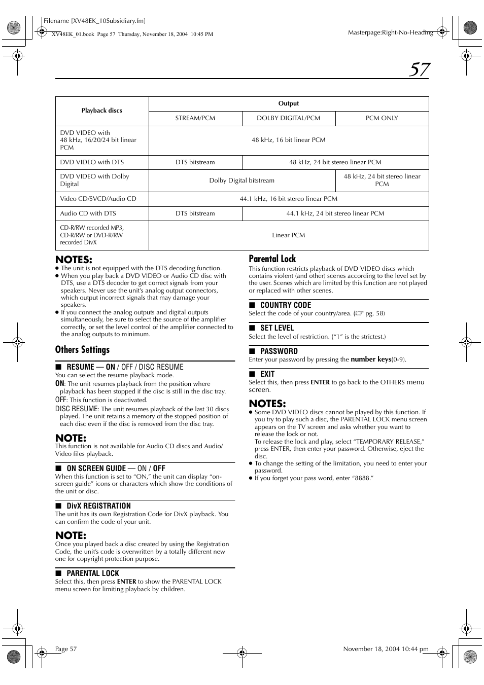 Others settings, Parental lock | JVC HR-XV48EK User Manual | Page 57 / 72