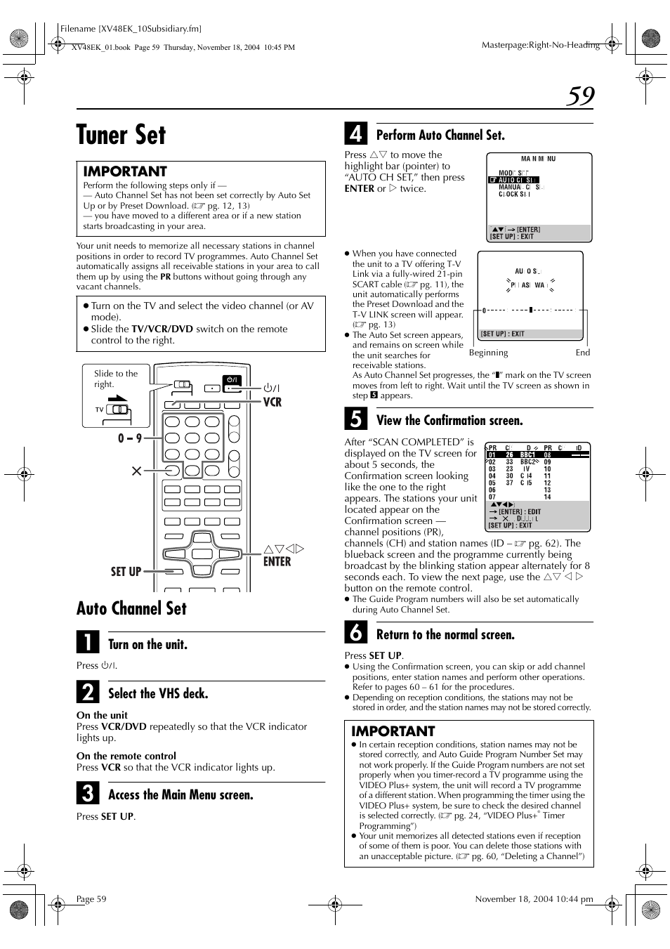 Tuner set, Auto channel set | JVC HR-XV48EK User Manual | Page 59 / 72