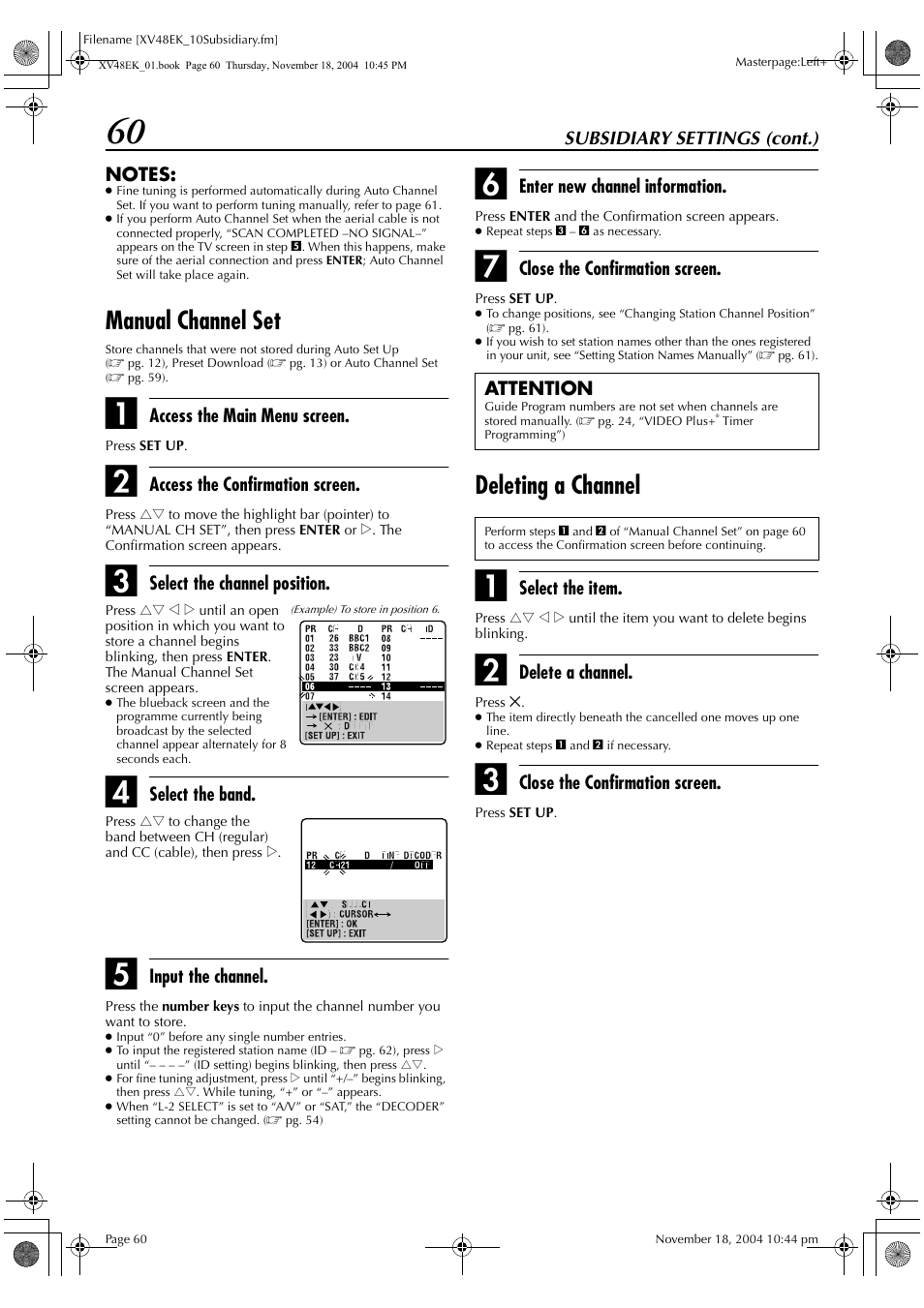 Manual channel set, Deleting a channel | JVC HR-XV48EK User Manual | Page 60 / 72
