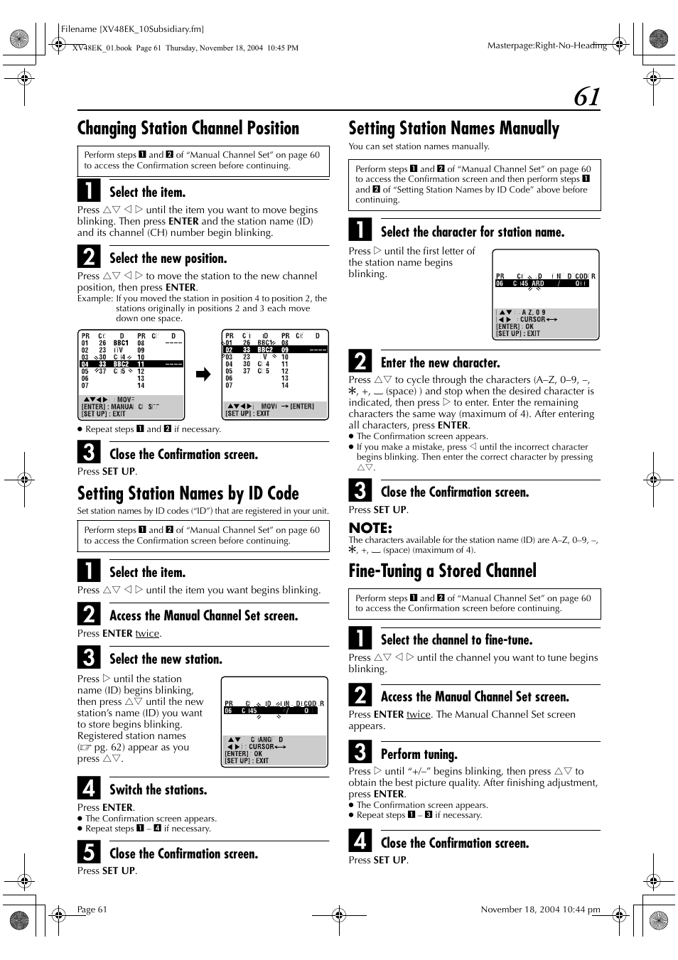 Changing station channel position, Setting station names by id code, Setting station names manually | Fine-tuning a stored channel | JVC HR-XV48EK User Manual | Page 61 / 72