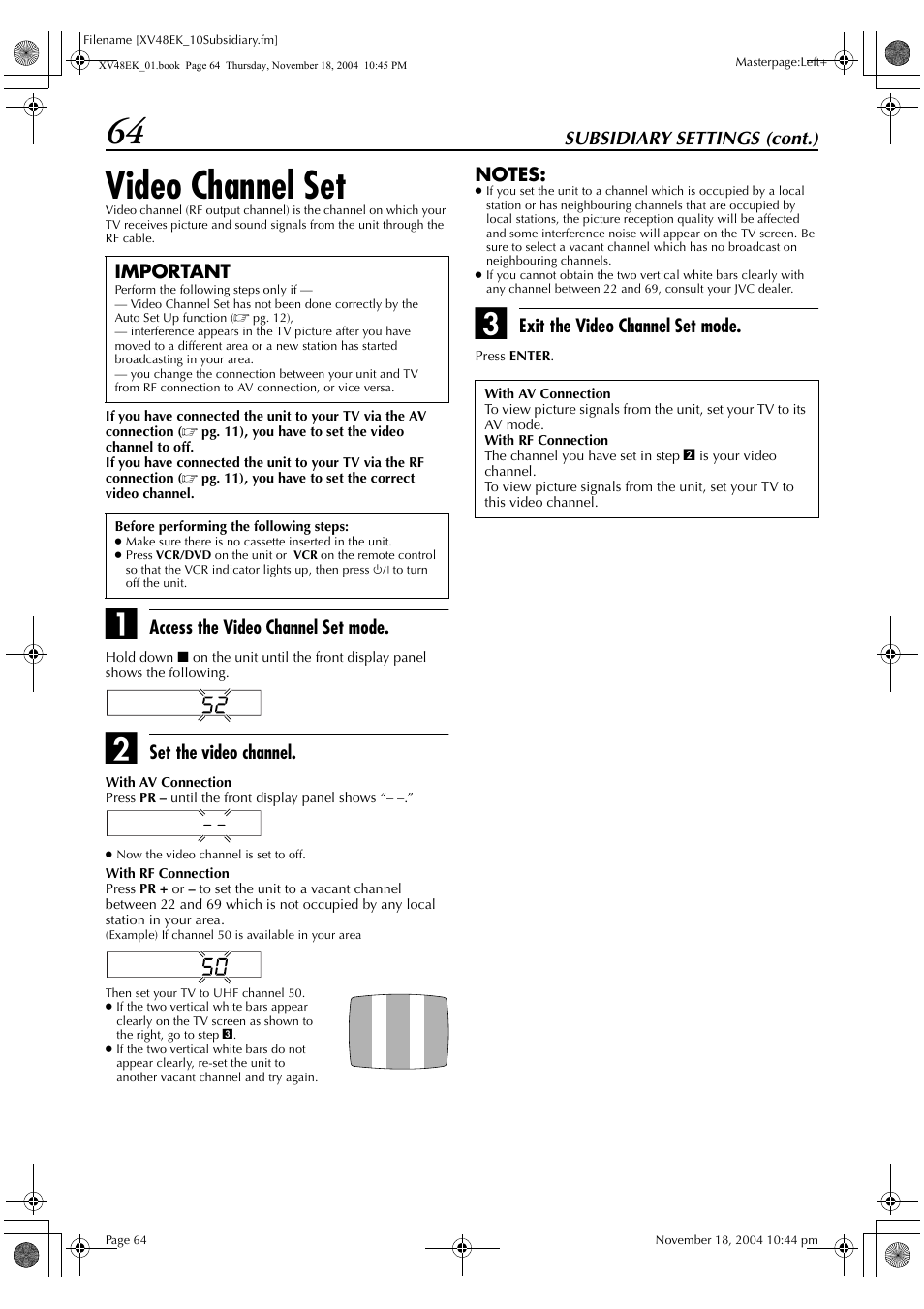64 video channel set | JVC HR-XV48EK User Manual | Page 64 / 72