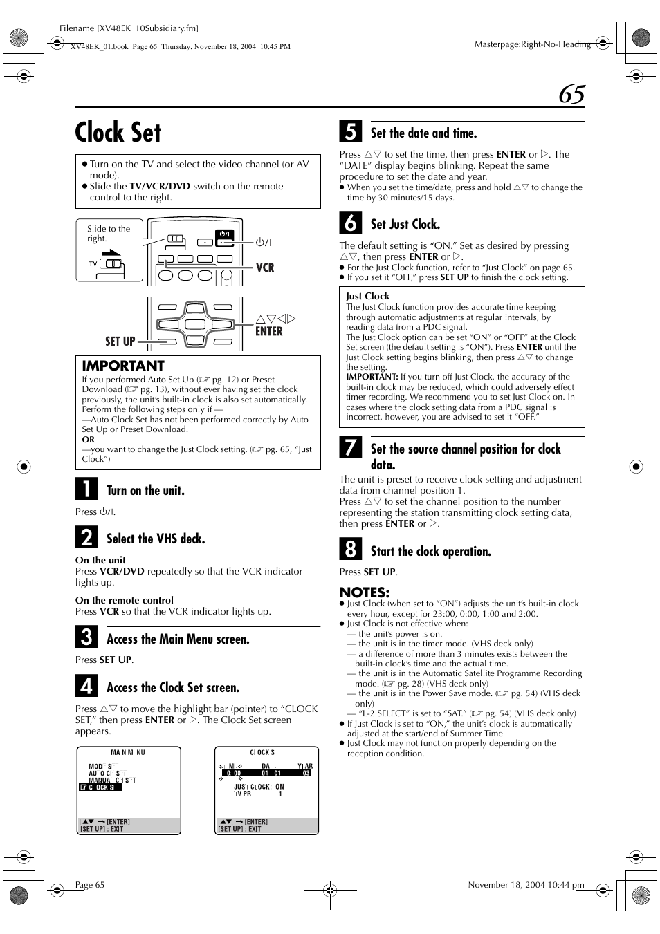 Clock set | JVC HR-XV48EK User Manual | Page 65 / 72