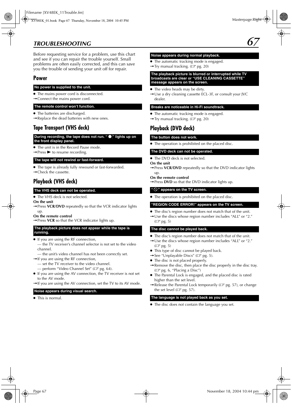 Troubleshooting, Power, Tape transport (vhs deck) | Playback (vhs deck), Playback (dvd deck) | JVC HR-XV48EK User Manual | Page 67 / 72