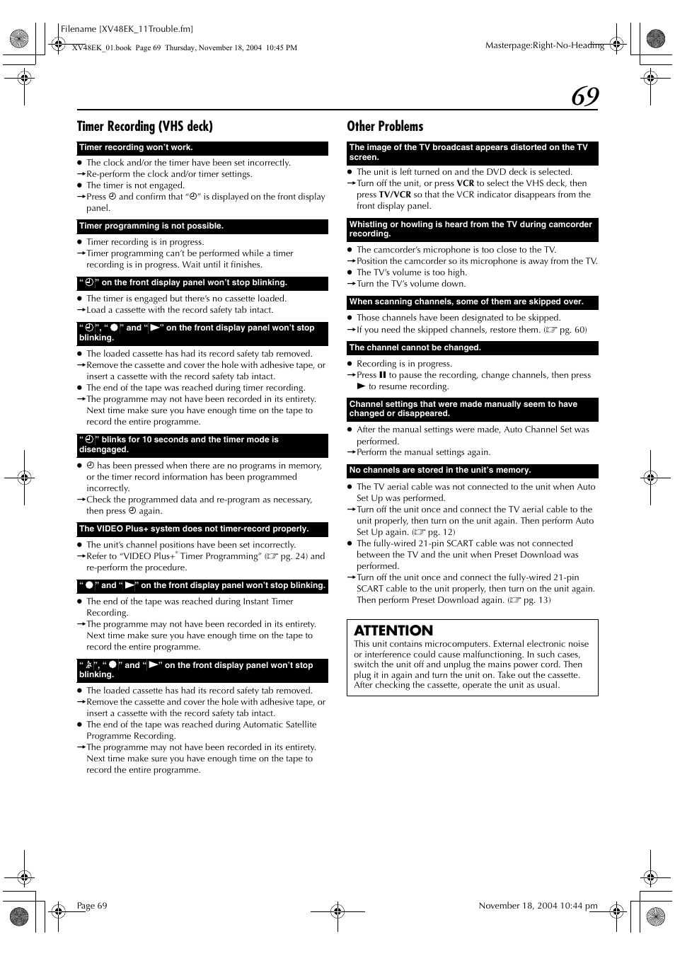 Timer recording (vhs deck), Other problems, Attention | JVC HR-XV48EK User Manual | Page 69 / 72