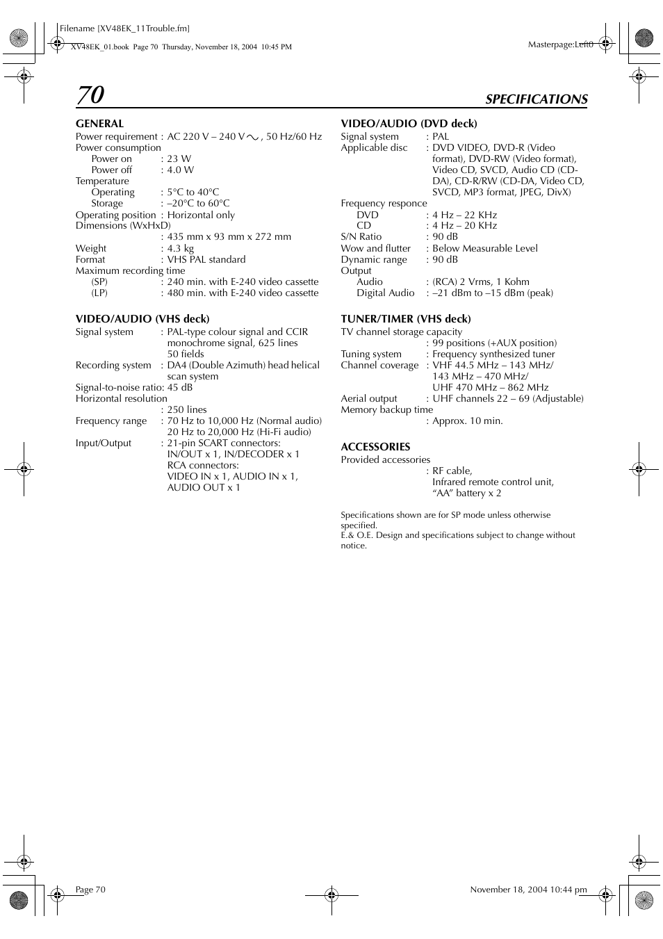 Specifications | JVC HR-XV48EK User Manual | Page 70 / 72