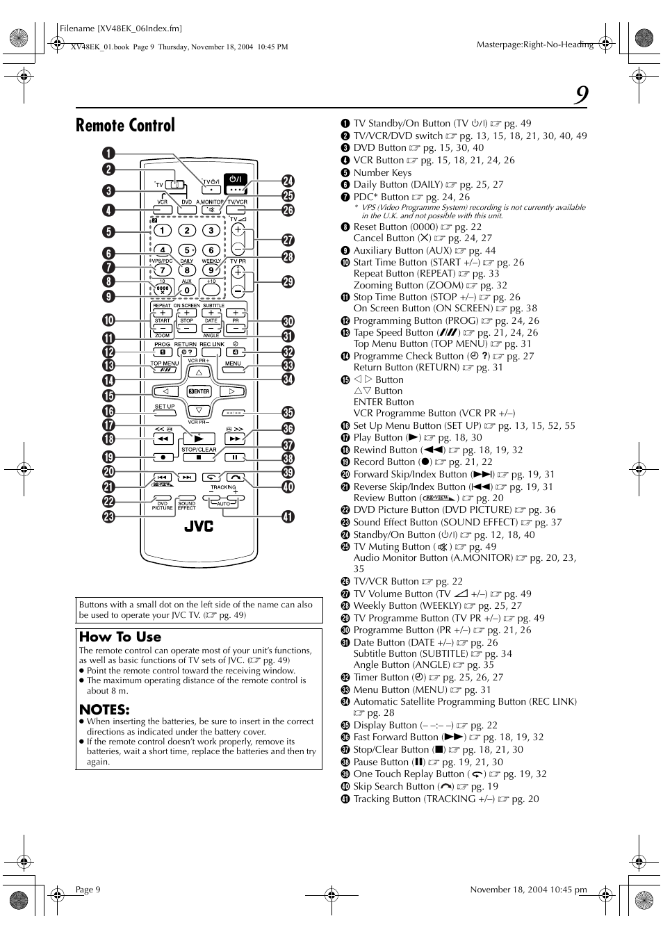 Remote control, How to use | JVC HR-XV48EK User Manual | Page 9 / 72