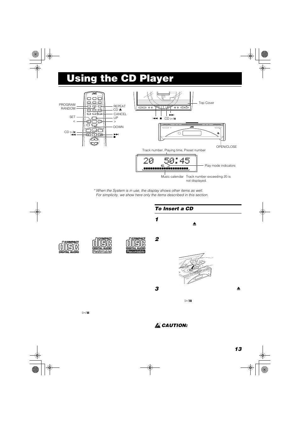 Using the cd player, Caution, Standby/on | JVC FS-SD990 User Manual | Page 15 / 27