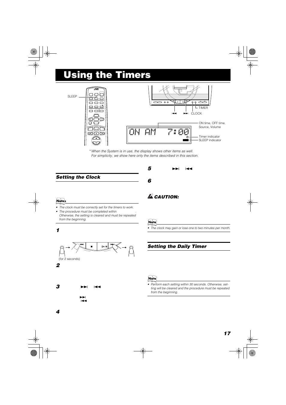 Using the timers, Setting the clock, Caution | Setting the daily timer, Press the power button, Press the clock button, Press the ¢ or 4 button to set the minute | JVC FS-SD990 User Manual | Page 19 / 27