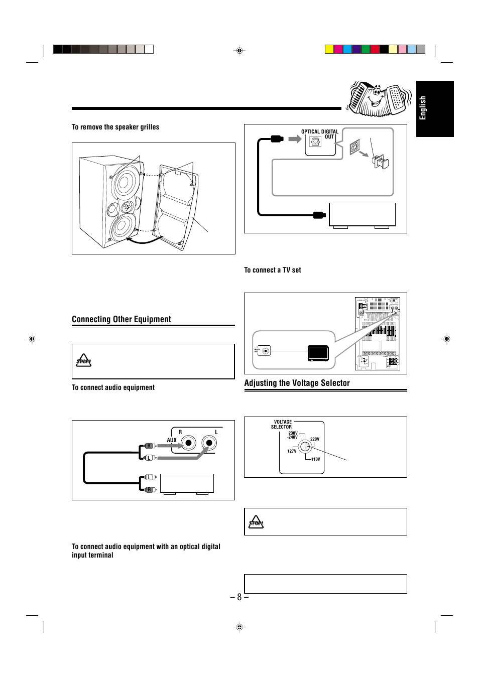 Now, you can plug the ac power cord, Connecting other equipment, Adjusting the voltage selector | JVC CA-UXL36V User Manual | Page 11 / 36