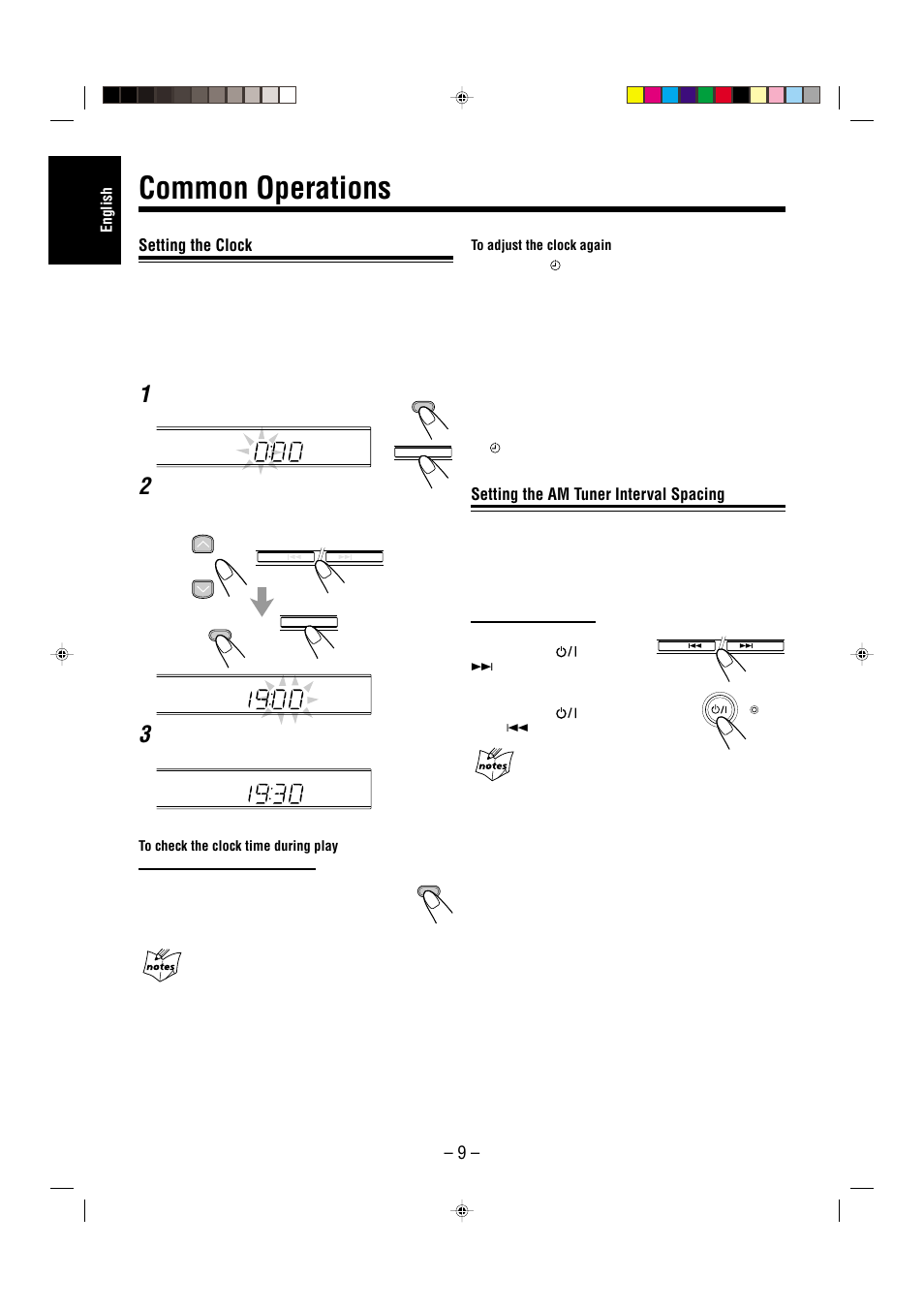 Common operations, Setting the clock, Setting the am tuner interval spacing | JVC CA-UXL36V User Manual | Page 12 / 36