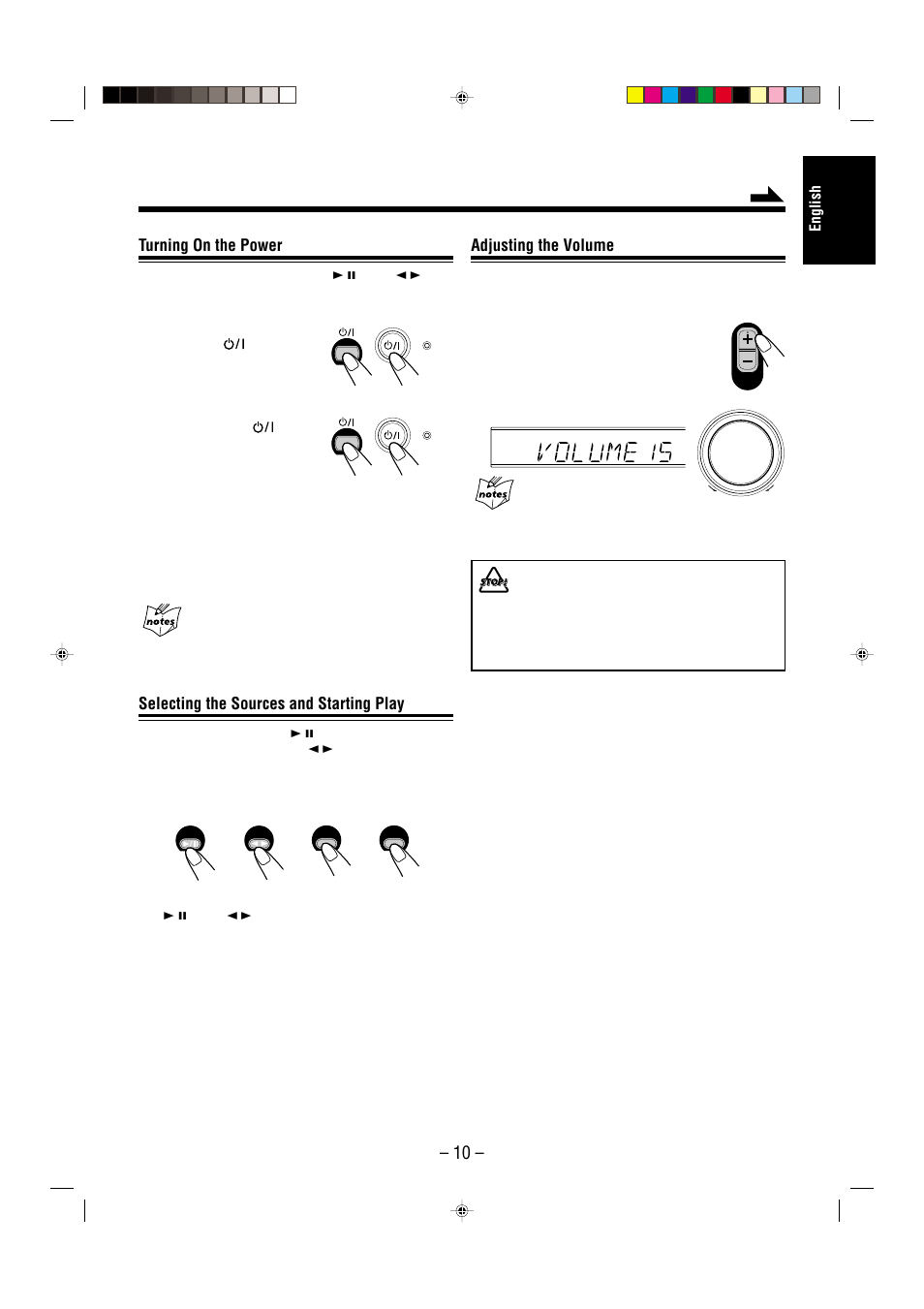 Turning on the power, Selecting the sources and starting play, Adjusting the volume | English | JVC CA-UXL36V User Manual | Page 13 / 36