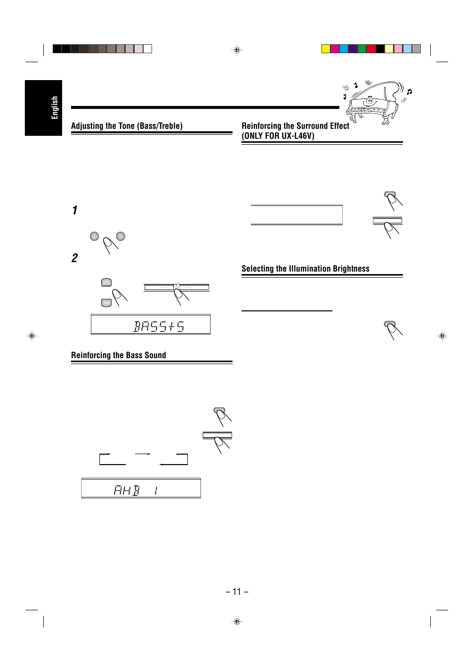 Reinforcing the surround effect (only for ux-l46v), Selecting the illumination brightness, Adjusting the tone (bass/treble) | Reinforcing the bass sound, English | JVC CA-UXL36V User Manual | Page 14 / 36