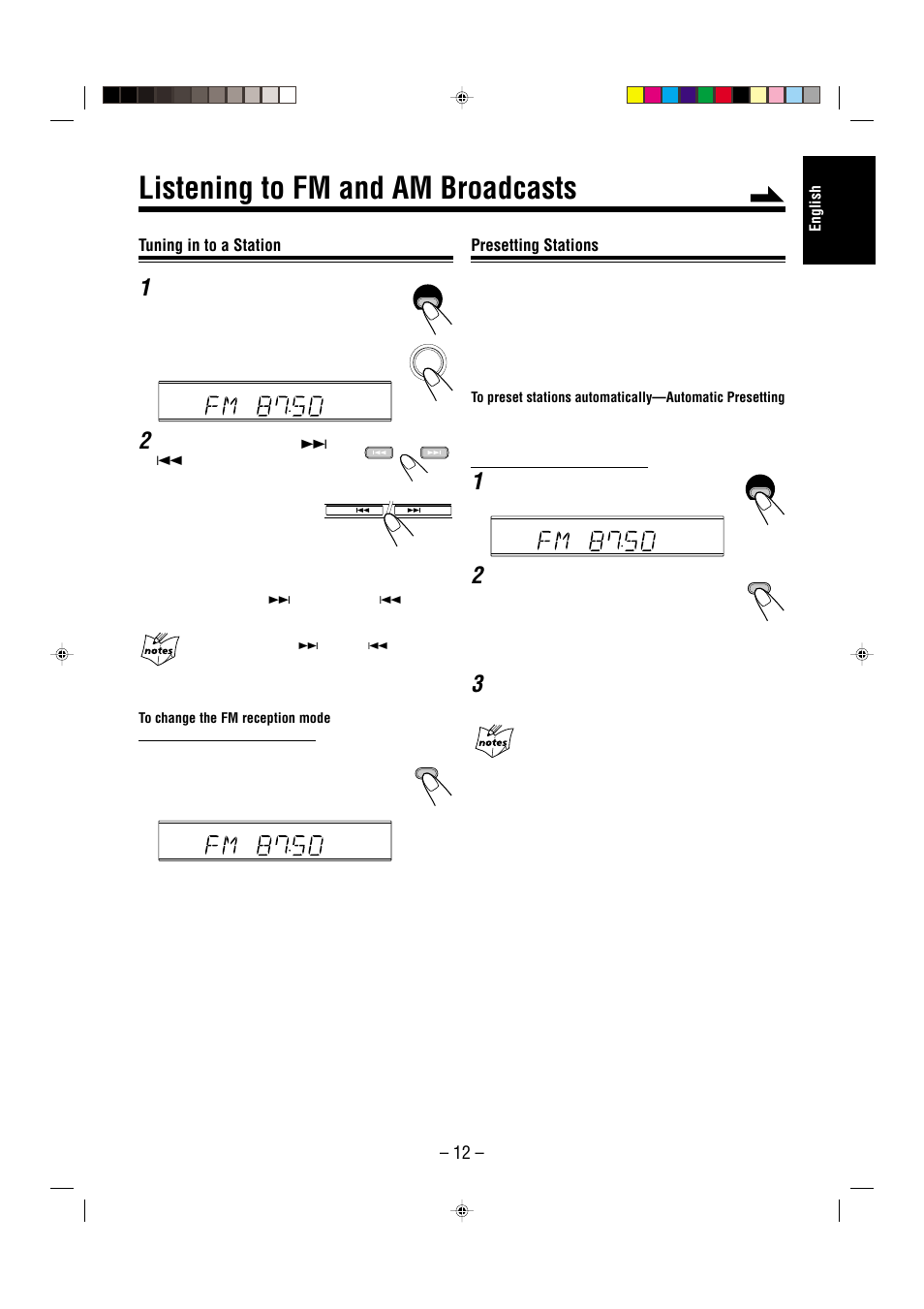 Listening to fm and am broadcasts, Tuning in to a station, Presetting stations | JVC CA-UXL36V User Manual | Page 15 / 36