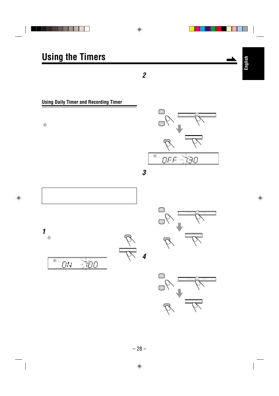 Using the timers, Using daily timer and recording timer, English | Press clock/timer, Set the on-time when you want the unit to turn on | JVC CA-UXL36V User Manual | Page 31 / 36