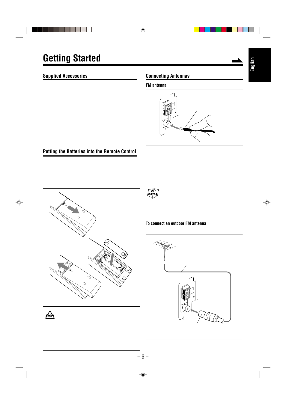 Getting started, Supplied accessories, Putting the batteries into the remote control | Connecting antennas, English, Extend the fm antenna | JVC CA-UXL36V User Manual | Page 9 / 36