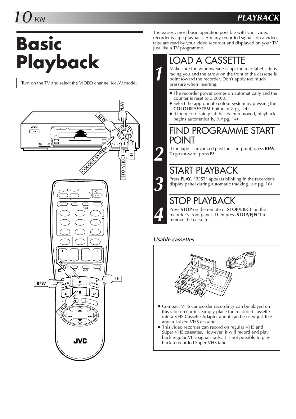 Basic playback, Load a cassette, Find programme start point | Start playback, Stop playback, Playback | JVC HR-J255EE User Manual | Page 10 / 40