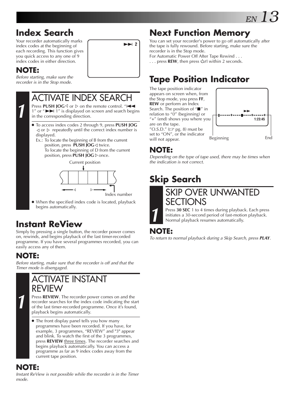 Activate index search, Activate instant review, Index search | Instant review, Tape position indicator, Skip search | JVC HR-J255EE User Manual | Page 13 / 40