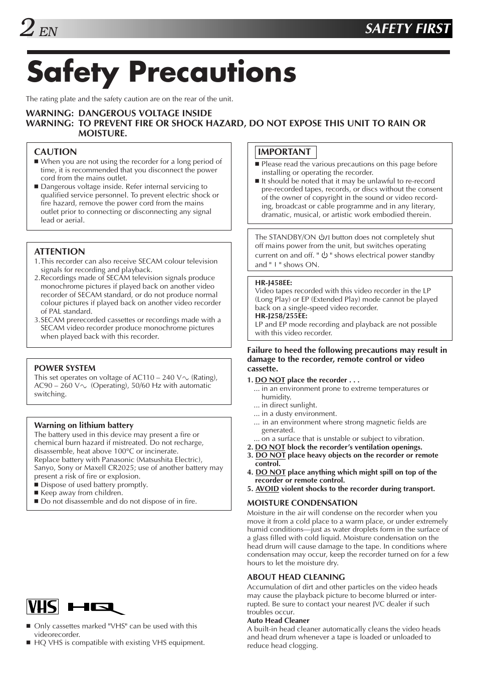 Safety precautions, Safety first | JVC HR-J255EE User Manual | Page 2 / 40