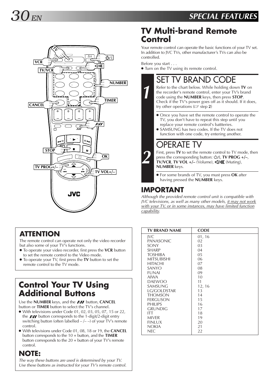 Set tv brand code, Operate tv, Special features | Control your tv using additional buttons, Tv multi-brand remote control, Important, Attention | JVC HR-J255EE User Manual | Page 30 / 40