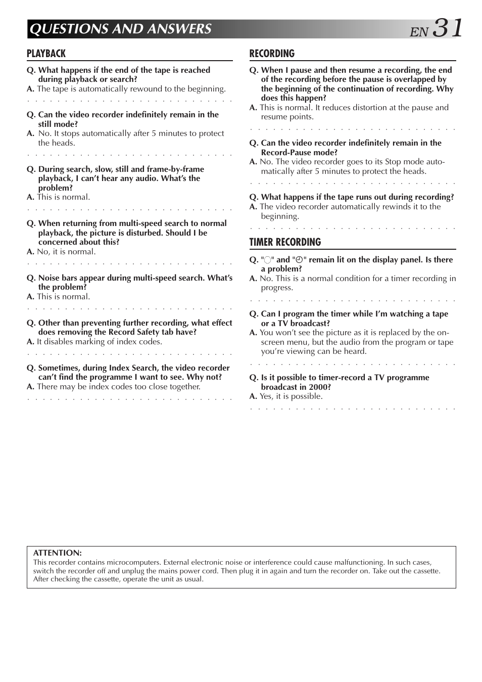 Questions and answers, Playback, Recording | Timer recording | JVC HR-J255EE User Manual | Page 31 / 40