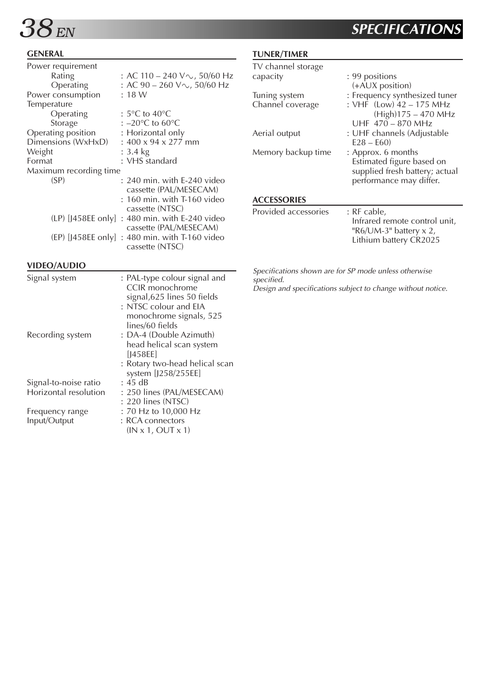 Specifications | JVC HR-J255EE User Manual | Page 38 / 40