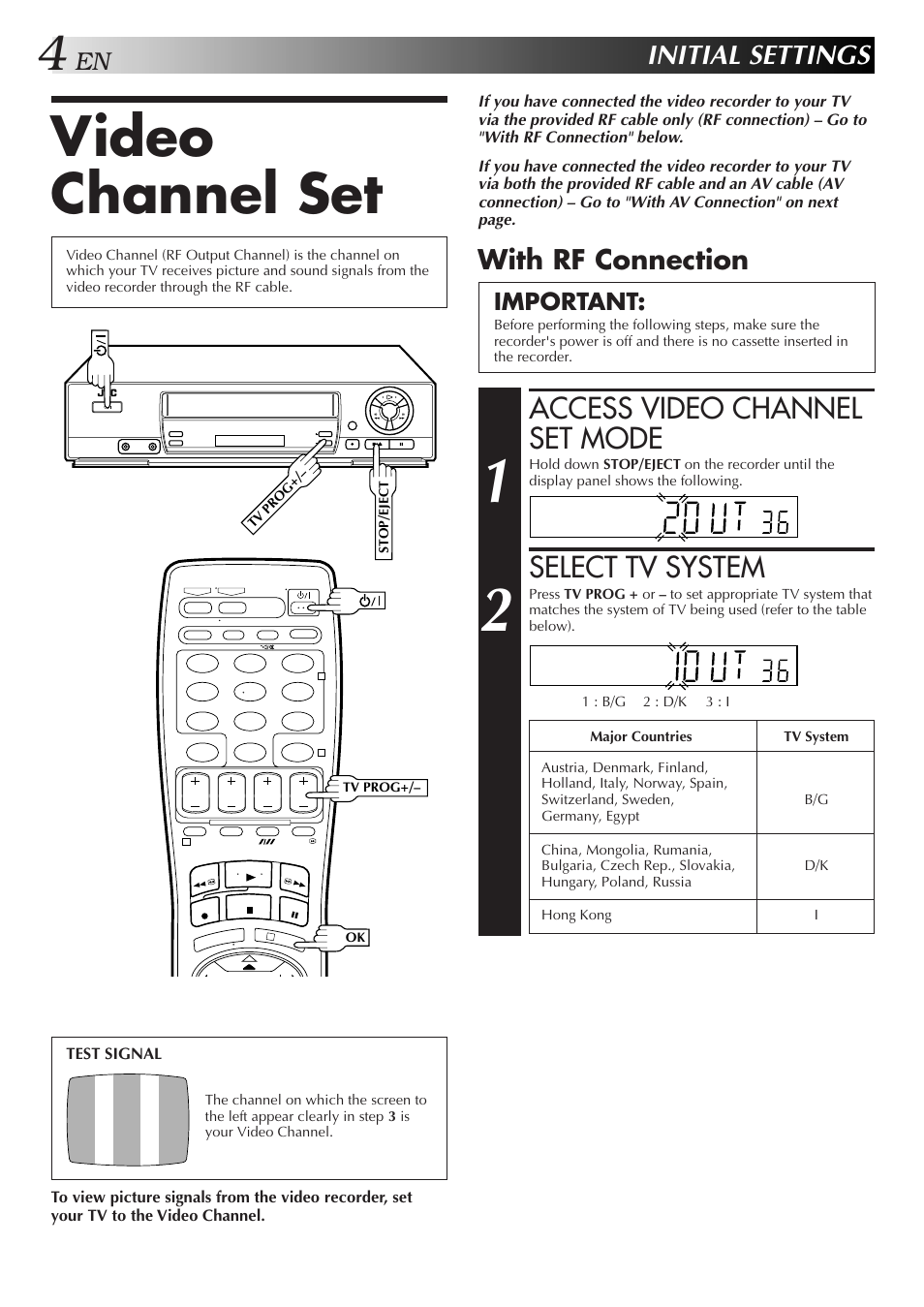 Video channel set, Access video channel set mode, Select tv system | Initial settings, With rf connection, Important | JVC HR-J255EE User Manual | Page 4 / 40