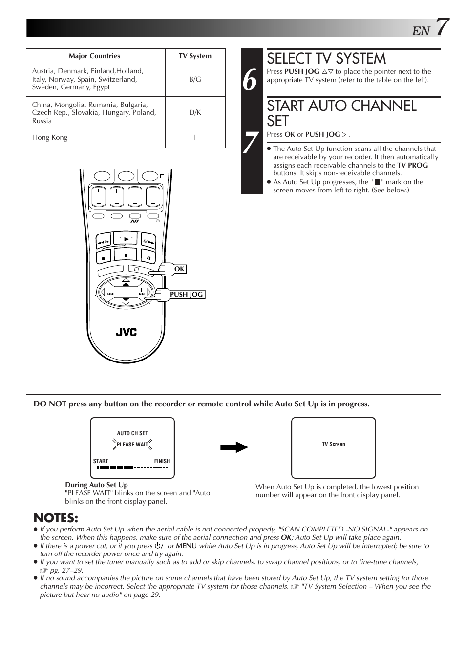 Select tv system, Start auto channel set | JVC HR-J255EE User Manual | Page 7 / 40