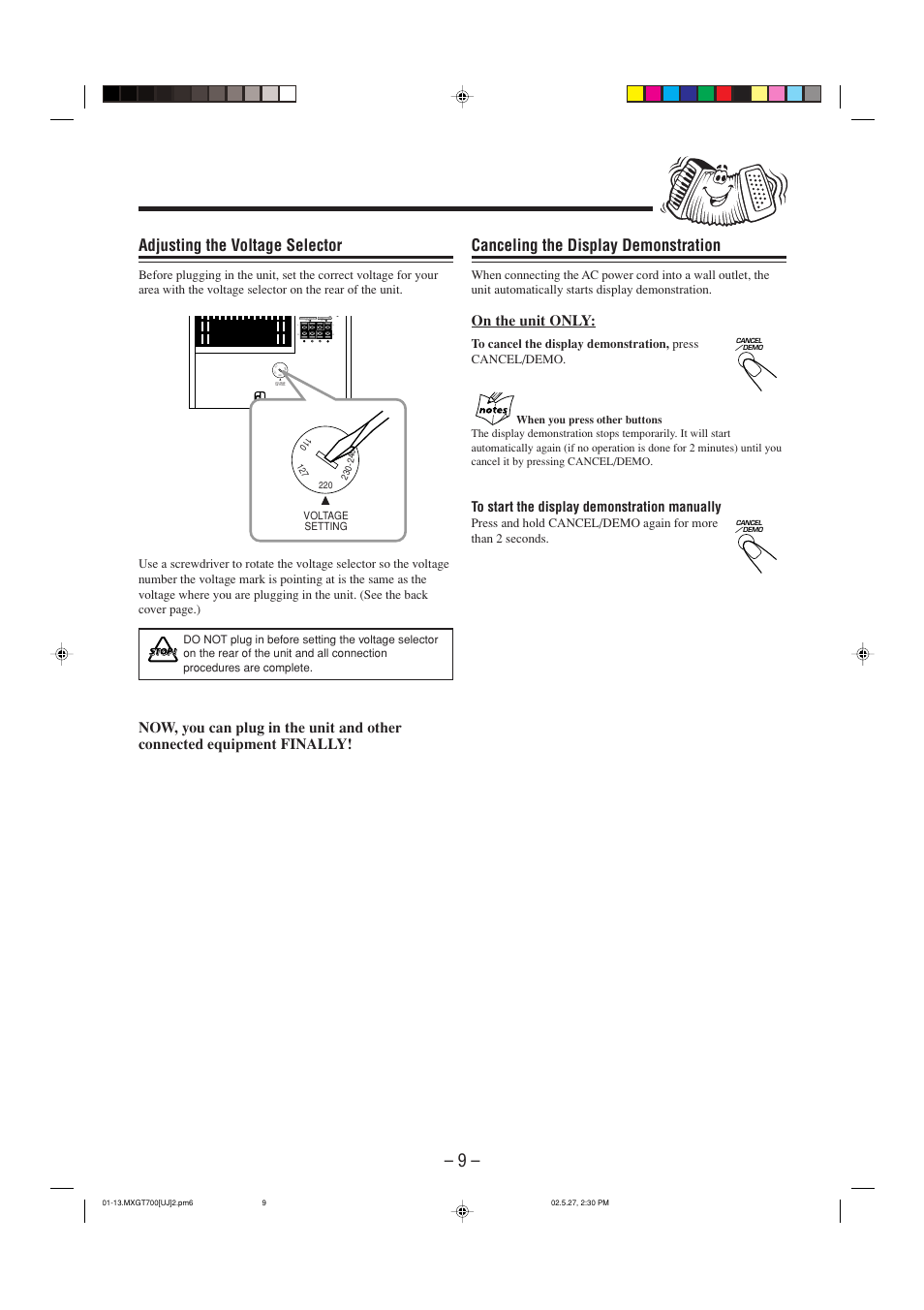 Canceling the display demonstration, Adjusting the voltage selector, On the unit only | Voltage setting | JVC CA-MXGT700 User Manual | Page 12 / 70