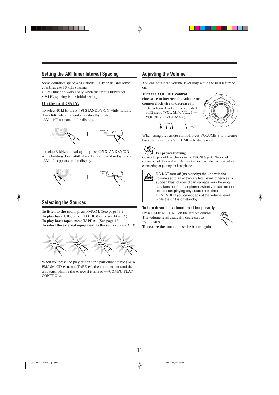 Adjusting the volume, Selecting the sources, Setting the am tuner interval spacing | JVC CA-MXGT700 User Manual | Page 14 / 70