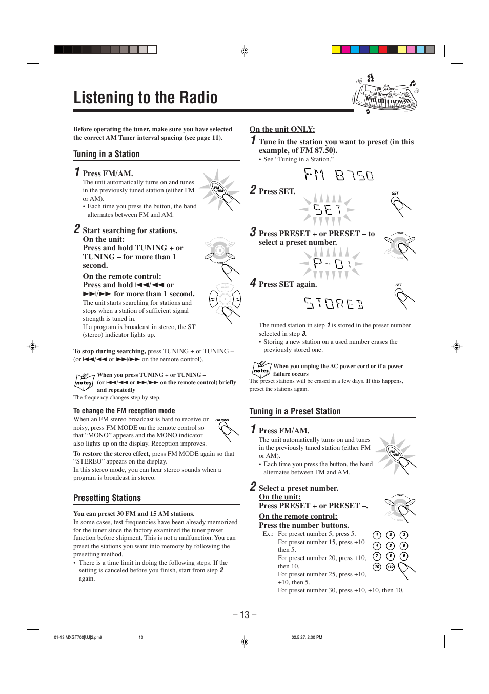 Listening to the radio, Tuning in a preset station, Tuning in a station | Presetting stations | JVC CA-MXGT700 User Manual | Page 16 / 70