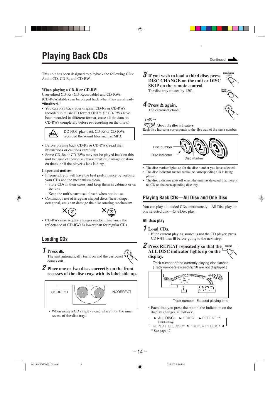 Playing back cds, Playing back cds—all disc and one disc, Loading cds | JVC CA-MXGT700 User Manual | Page 17 / 70