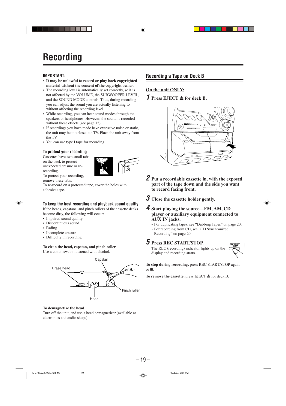 Recording | JVC CA-MXGT700 User Manual | Page 22 / 70