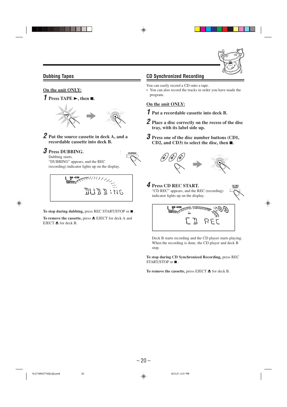 Cd synchronized recording, Dubbing tapes | JVC CA-MXGT700 User Manual | Page 23 / 70