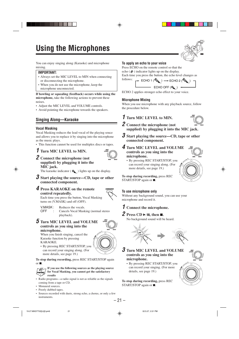 Uding the mictophones, Using the microphones | JVC CA-MXGT700 User Manual | Page 24 / 70