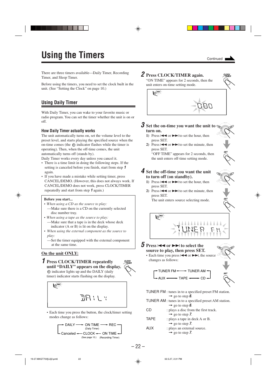 Using the timers, Using daily timer | JVC CA-MXGT700 User Manual | Page 25 / 70