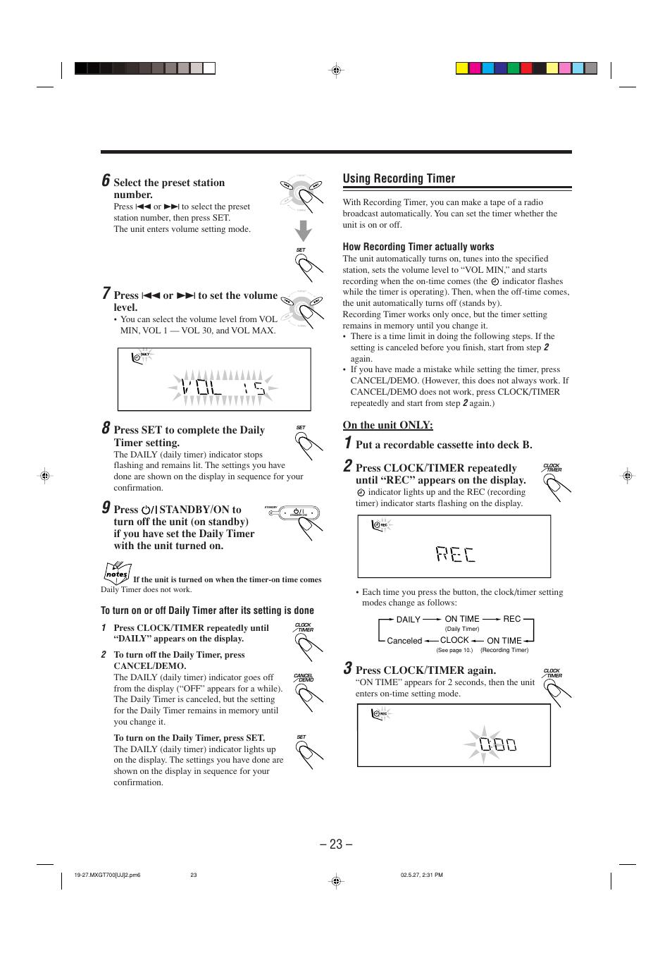 Using recording timer | JVC CA-MXGT700 User Manual | Page 26 / 70
