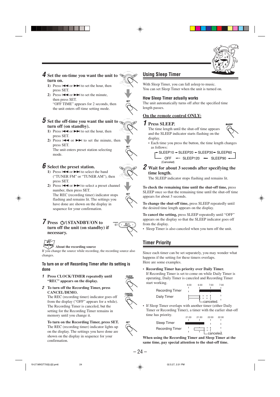 Using sleep timer, Timer priority | JVC CA-MXGT700 User Manual | Page 27 / 70