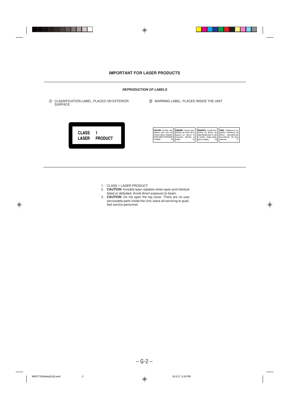Important for laser products, Class 1 laser product | JVC CA-MXGT700 User Manual | Page 3 / 70