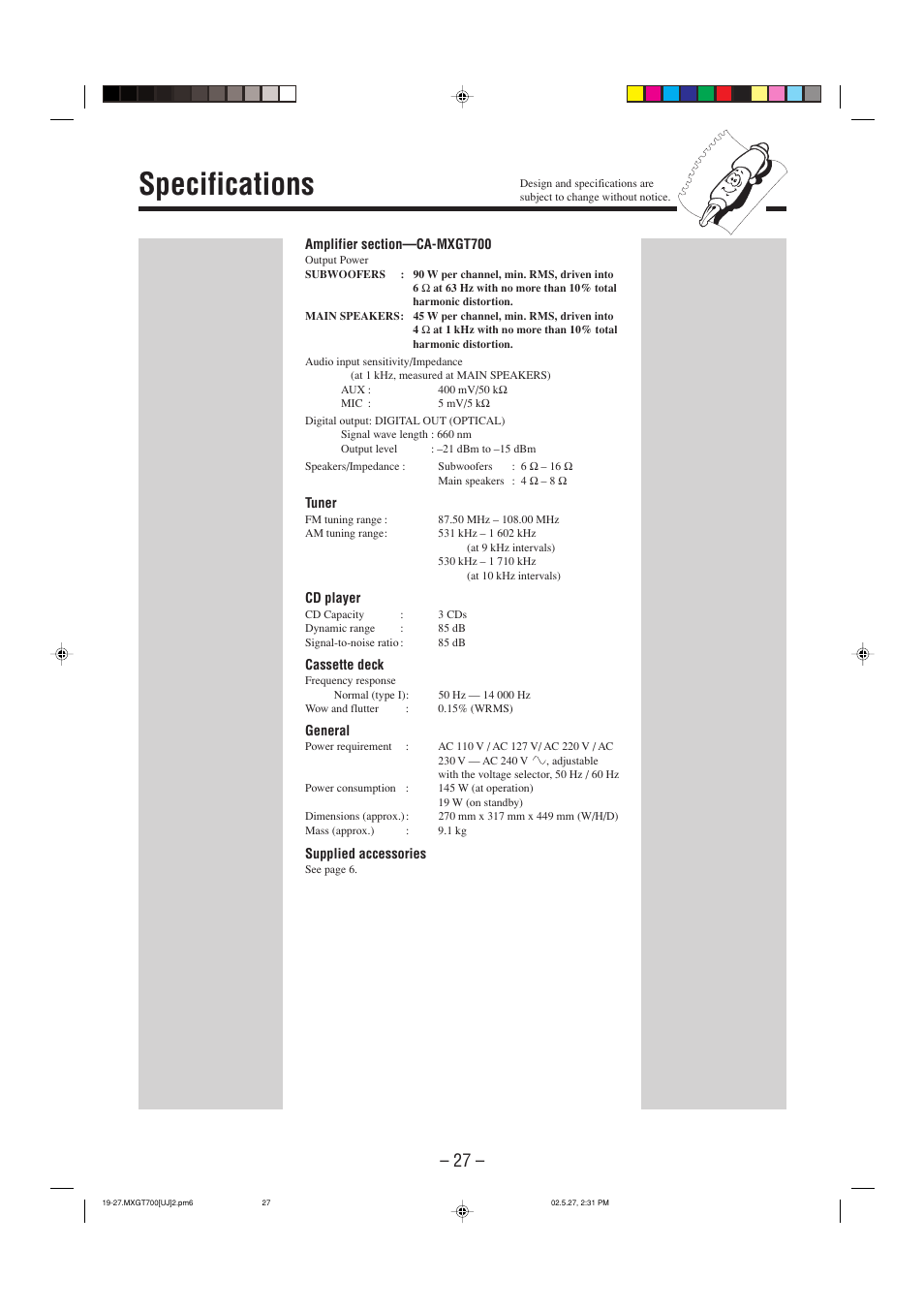 Specifications | JVC CA-MXGT700 User Manual | Page 30 / 70