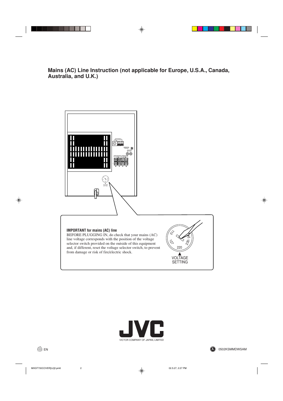 Back cover, Voltage setting, 0502ksmmdwsam en | JVC CA-MXGT700 User Manual | Page 32 / 70