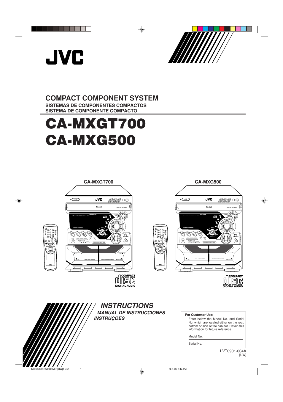 Ca-mxg700 /uw version, Top cover, Instructions | Compact component system, Manual de instrucciones instruções, Standby/on standby, Disc skip volume volume, Rm–smxg500u remote control standby/on | JVC CA-MXGT700 User Manual | Page 33 / 70