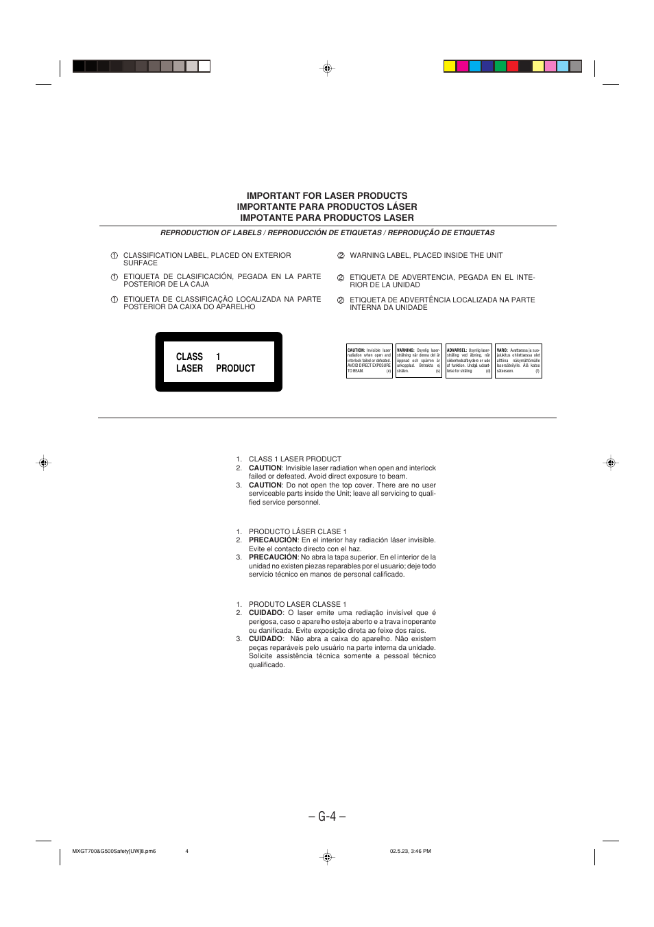 Important for laser products, Class 1 laser product | JVC CA-MXGT700 User Manual | Page 37 / 70