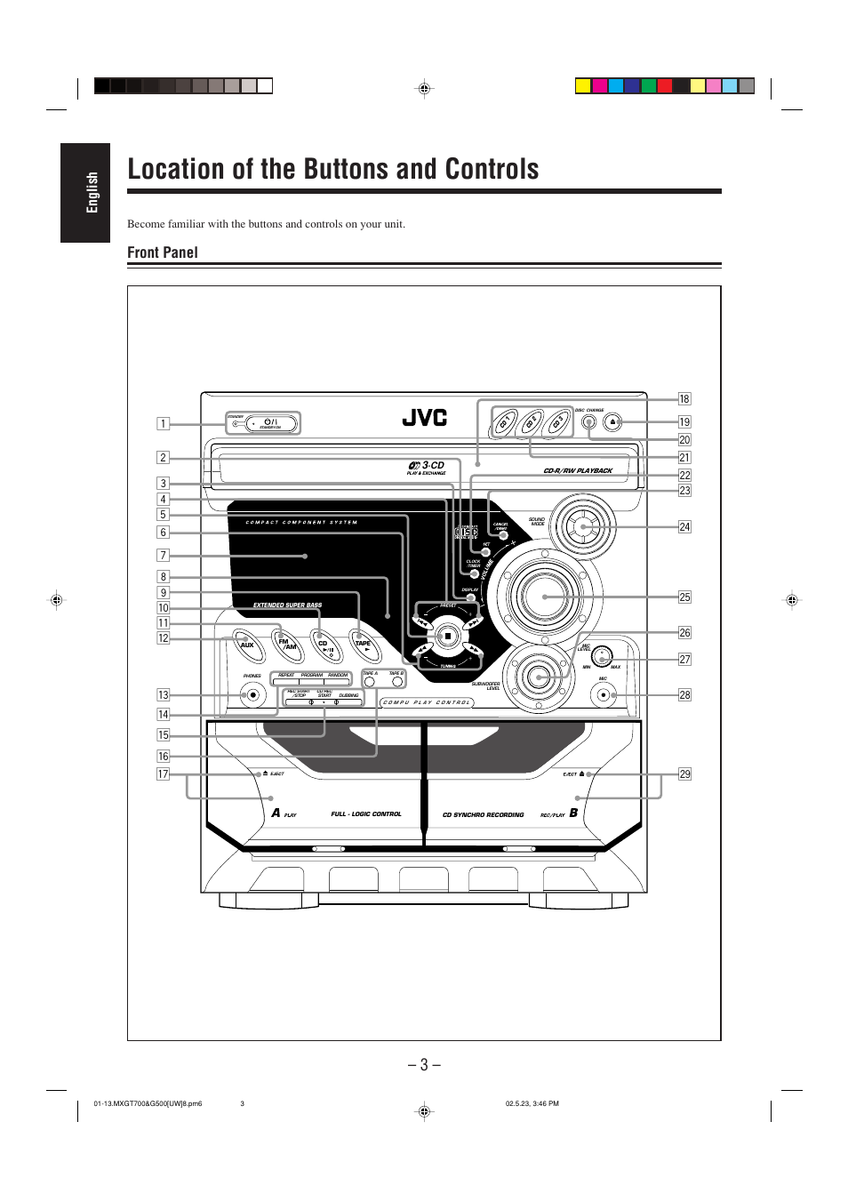 Location of the buttons and controls, Front panel, English | Hj k | JVC CA-MXGT700 User Manual | Page 40 / 70
