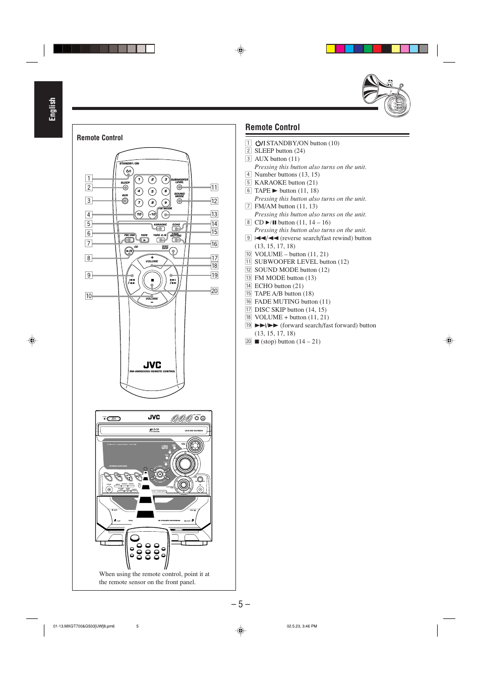 English, E5 7 6 r y, Remote control | Standby/on standby | JVC CA-MXGT700 User Manual | Page 42 / 70