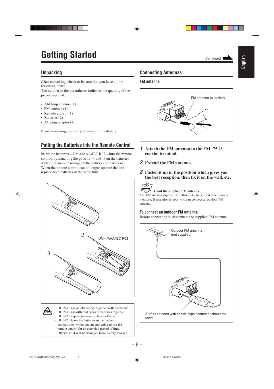 Getting started, Unpacking, Putting the batteries into the remote control | Connecting antennas | JVC CA-MXGT700 User Manual | Page 43 / 70