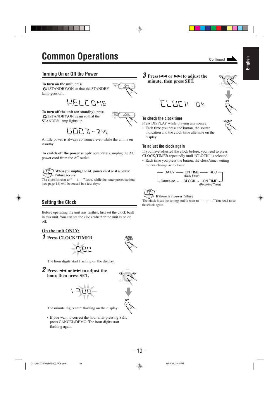 Common operations, Turning on or off the power, Setting the clock | JVC CA-MXGT700 User Manual | Page 47 / 70