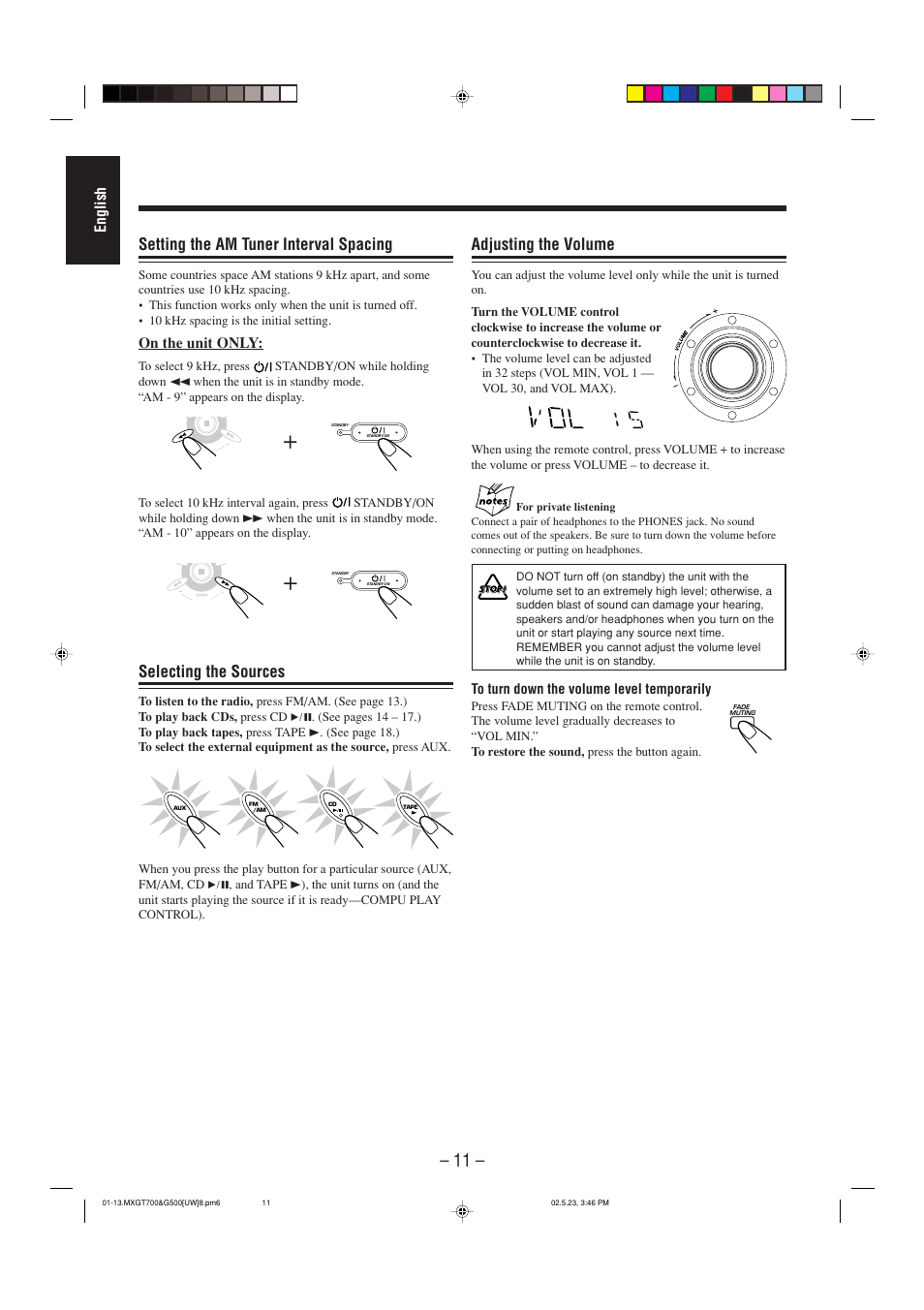 Adjusting the volume, Selecting the sources, Setting the am tuner interval spacing | JVC CA-MXGT700 User Manual | Page 48 / 70